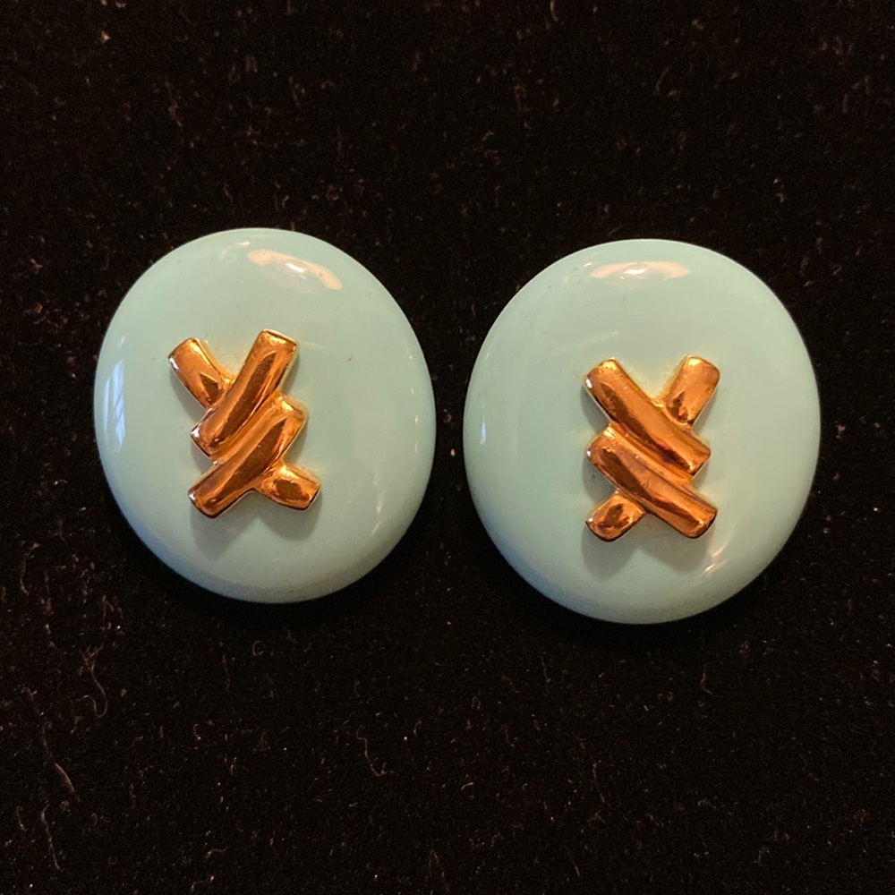 Large Faux Turquoise & Gold Tone Clip On Earrings